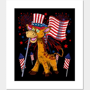 Cute Animal Giraffe Lover Patriotic American 4th Of July USA Posters and Art